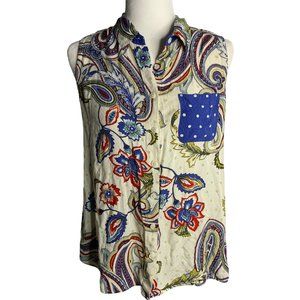Chicos Sleeveless Button Down Shirt M White Blue Paisley Polka Dot Pocket